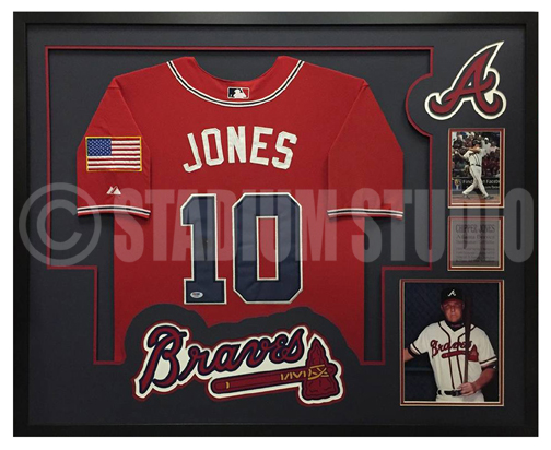 Chipper Jones Atlanta Braves Autograph Signed Custom Framed Jersey Suede Matted 4 Picture JSA Witnessed Certified 